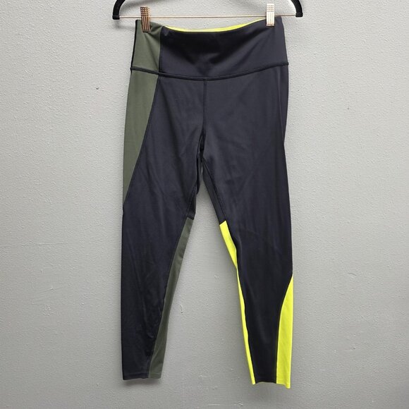 Athleta Leggings Womens Small Black Yellow Asym Colorblock Tight Zip Pocket - Picture 1 of 13